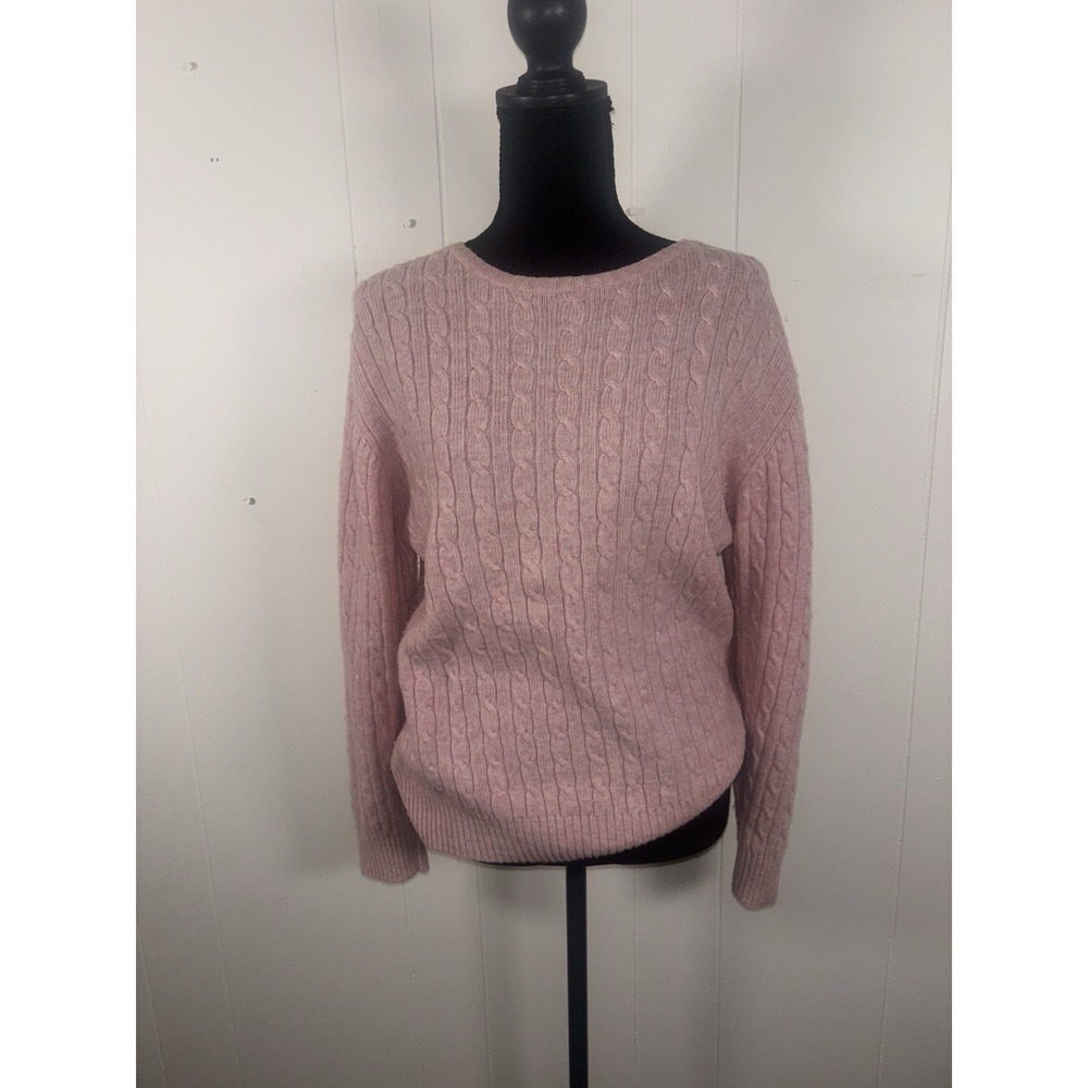 Vtg 90s LL Bean L Pink Lambs Wool Blend Cable Knit Sweater Pullover